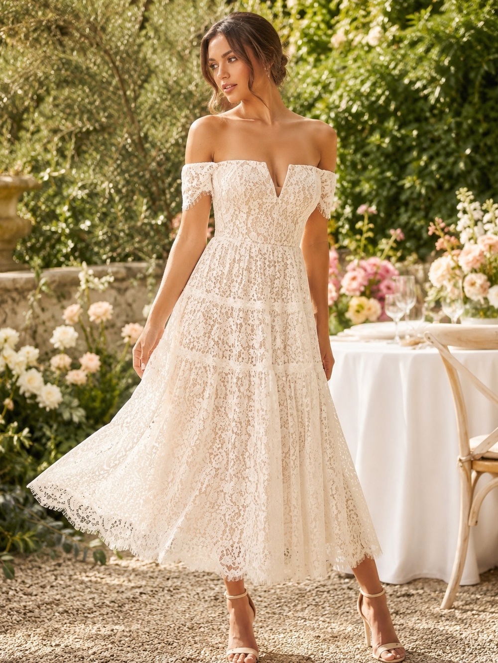 NWT Lulus 'Absolutely Stunning' White Lace Off-the-Shoulder Midi Dress SZ M